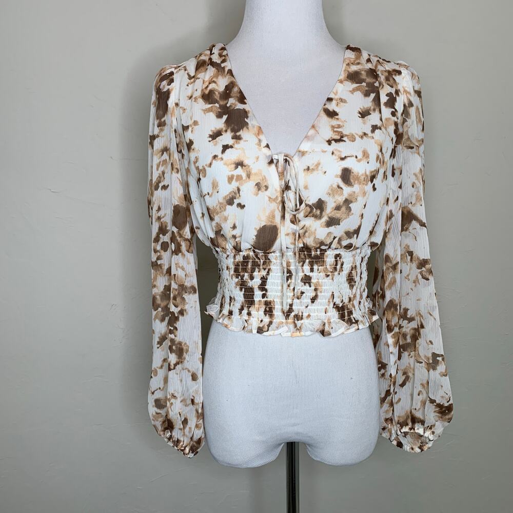 NWT Express Crop Top Long Sleeve Chiffon Sz XS Brown Cream